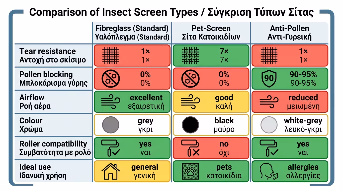 Σύγκριση πανιών σίτας - fiberglass, pet-screen, αντιαλλεργικό