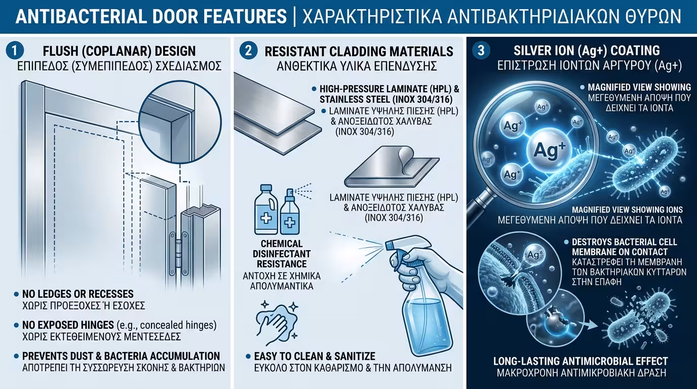 Αντιβακτηριδιακή πόρτα cleanroom - flush design, HPL, ανοξείδωτο, ιόντα αργύρου