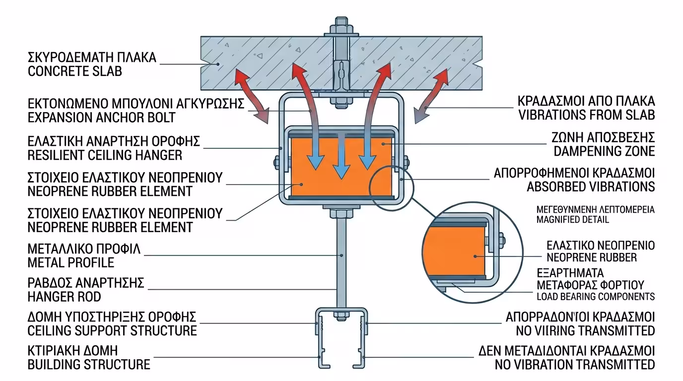 Αντικραδασμικές αναρτήσεις με νεοπρένιο - ελαστική βάση που κρεμάει τον σκελετό
