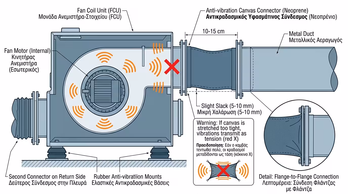 Αντικραδασμικός σύνδεσμος μουσαμάς - μεταξύ μηχανήματος και αγωγού