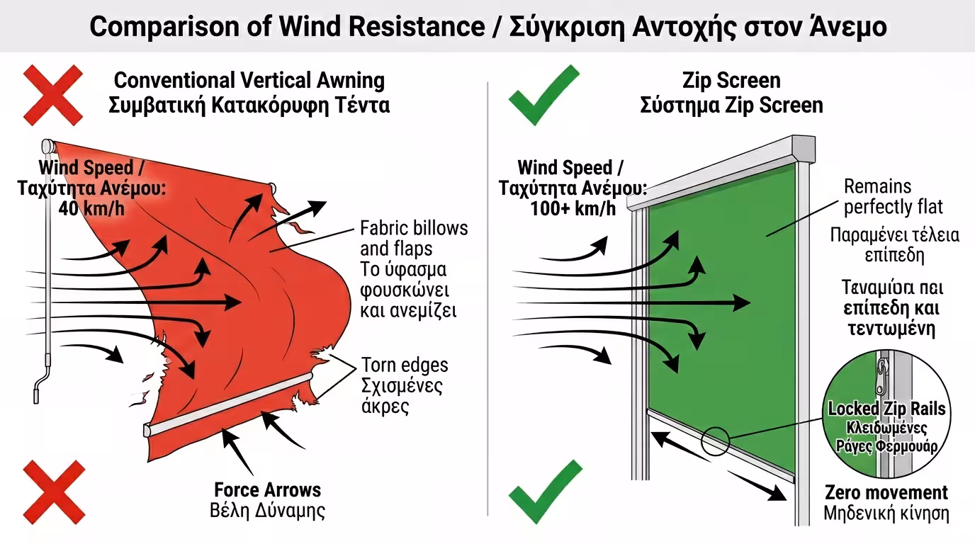 Zip Screen σε ρετιρέ - αντιανεμική προστασία σε θυελλώδεις ανέμους