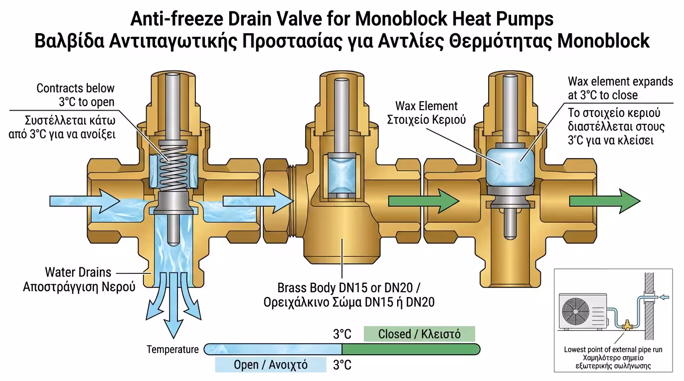 Αντιψυκτική βαλβίδα ορείχαλκος – θερμοστατικό στοιχείο, παγετός 3 °C, αδείασμα
