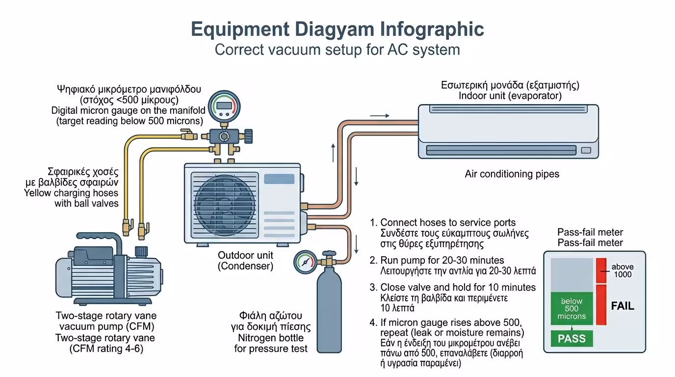 Αντλία κενού – vacuum pump, micron gauge, σωλήνες, ψηφιακό μανόμετρο κενού