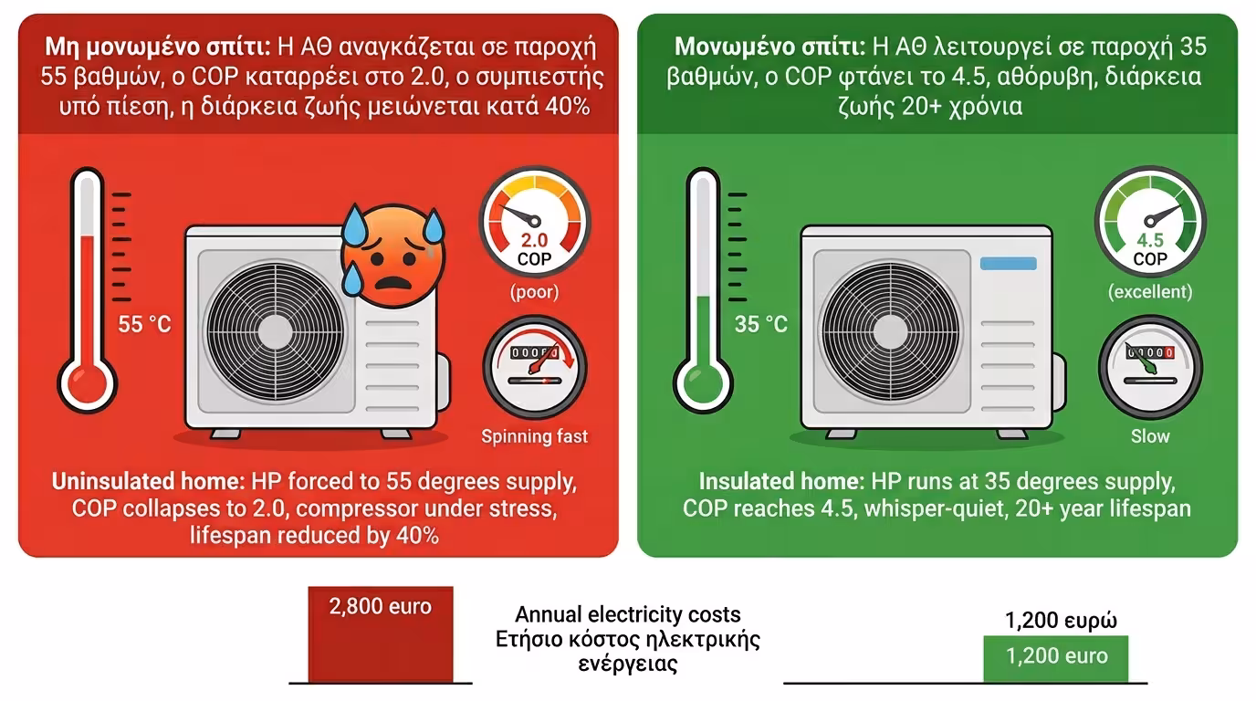 Αντλία Θερμότητας σε αμόνωτο σπίτι - κατάρρευση COP και ζόρισμα συμπιεστή