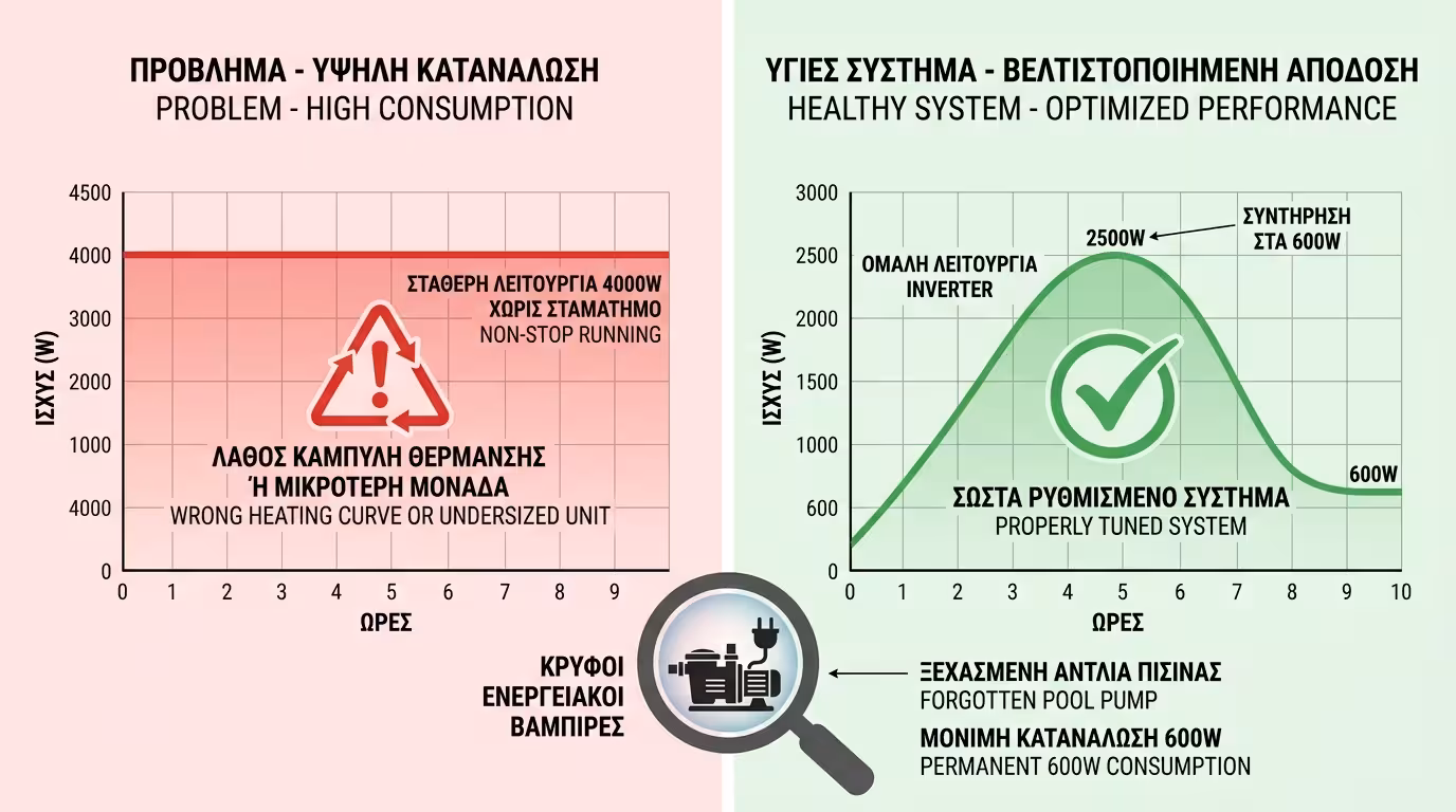 Αντλία θερμότητας κατανάλωση - καμπύλη Inverter, βρικόλακας ρεύματος