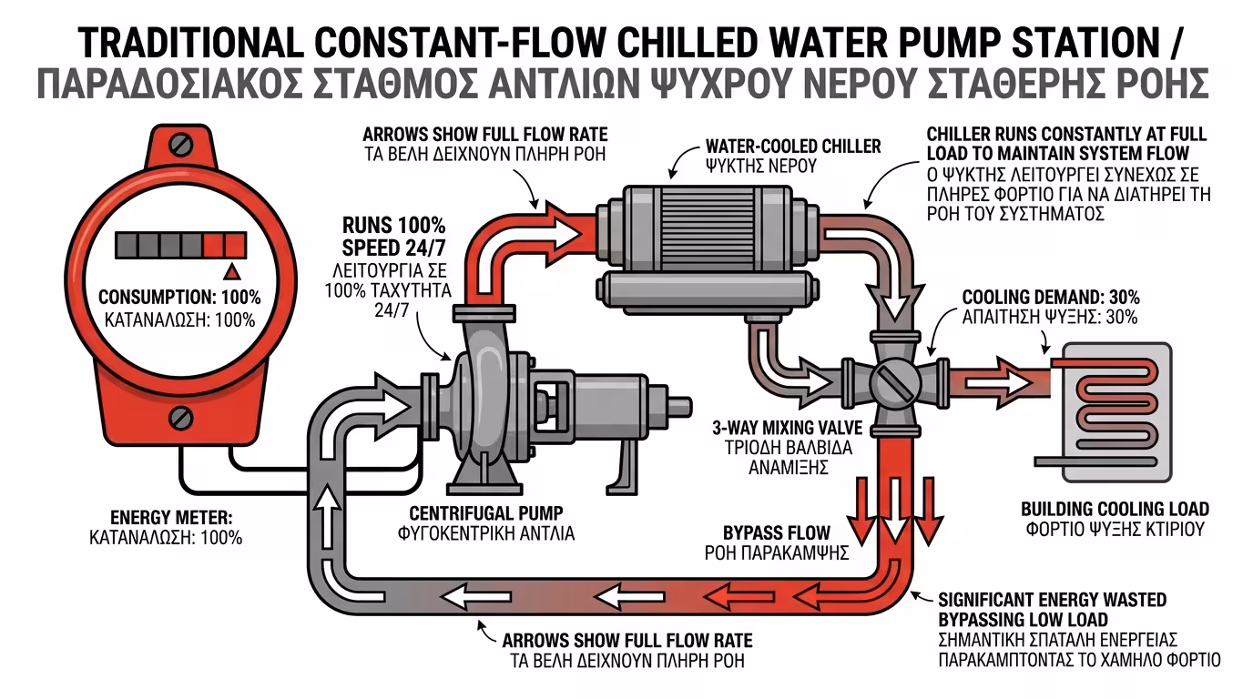 Αντλιοστάσιο σταθερής παροχής - αντλία 100% συνεχώς, σπατάλη ρεύματος σε μισοάδειο κτίριο