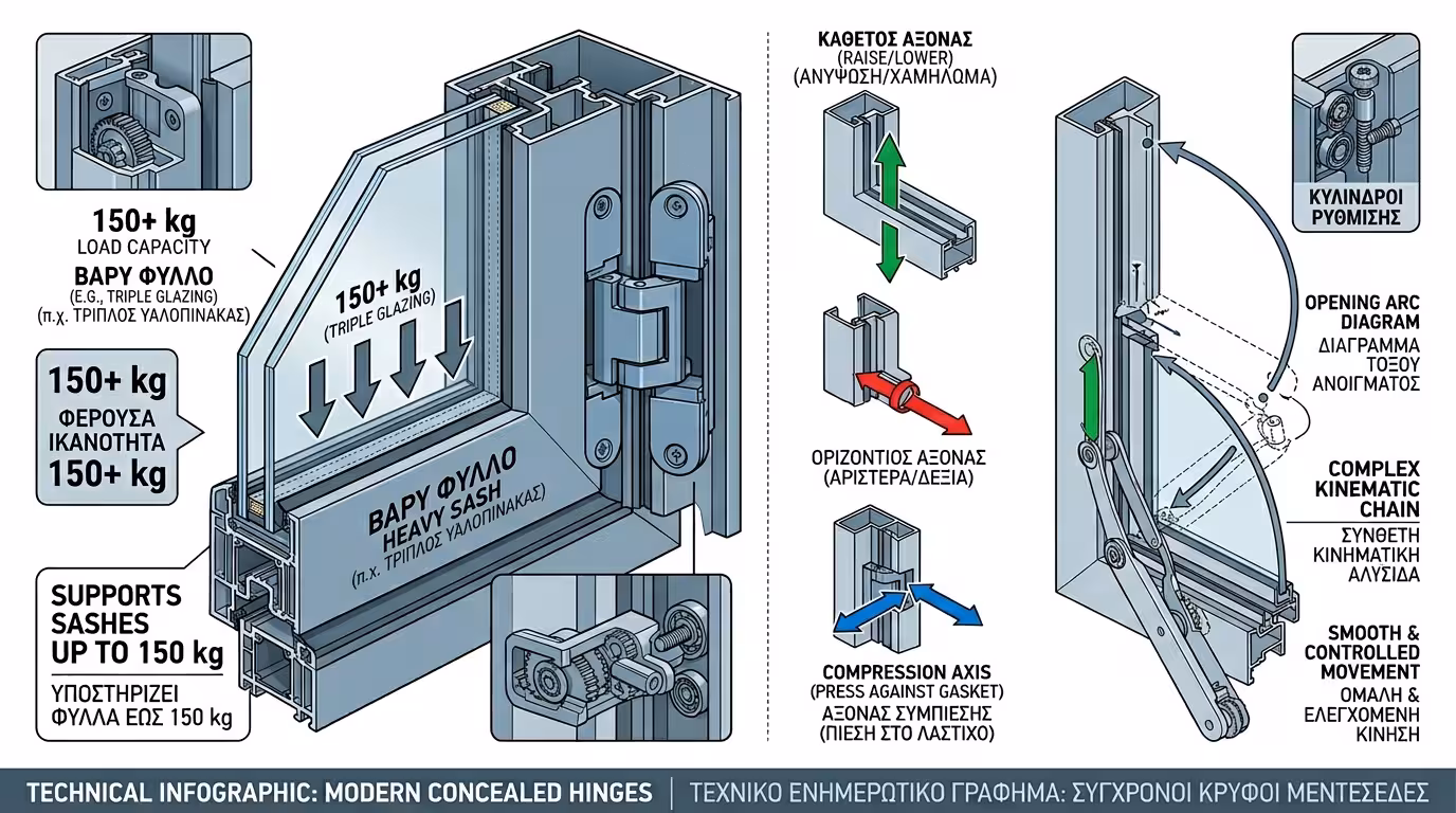 Αντοχή κρυφού μεντεσέ 150 κιλών - κινηματική πολλαπλών αρθρώσεων και ρύθμιση 3D