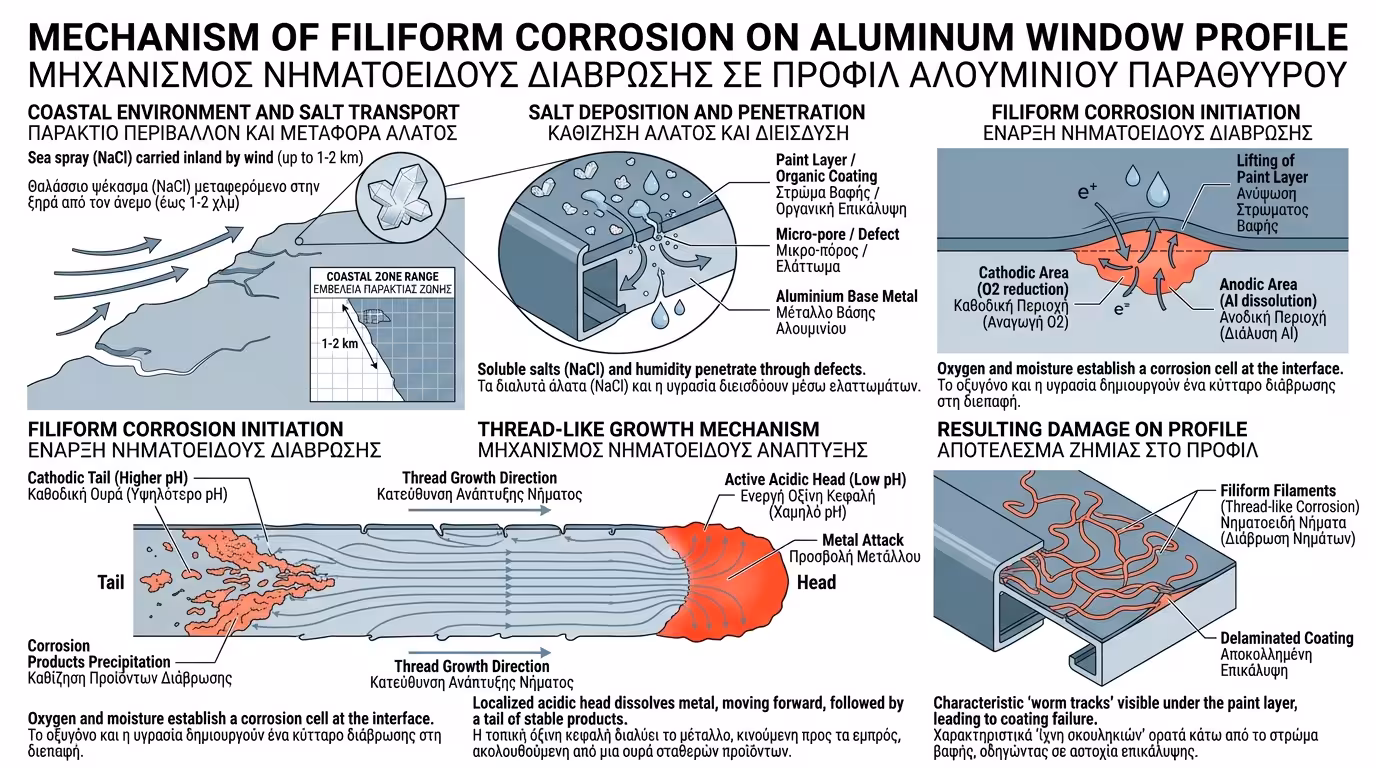 Νηματοειδής διάβρωση αλουμινίου - μικροκρύσταλλοι αλατιού κάτω από τη βαφή
