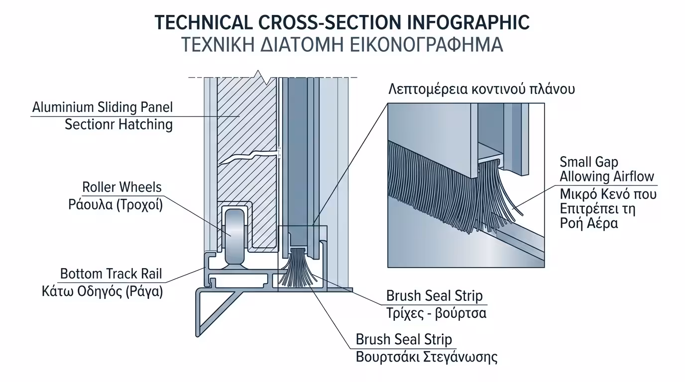 Απλό συρόμενο κούφωμα - βουρτσάκια (brush seals) και ροδάκια στον κάτω οδηγό