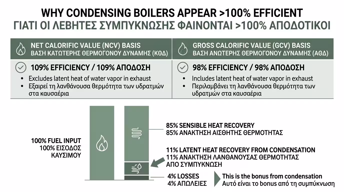Απόδοση 109% - κατώτερη vs ανώτερη θερμογόνος δύναμη