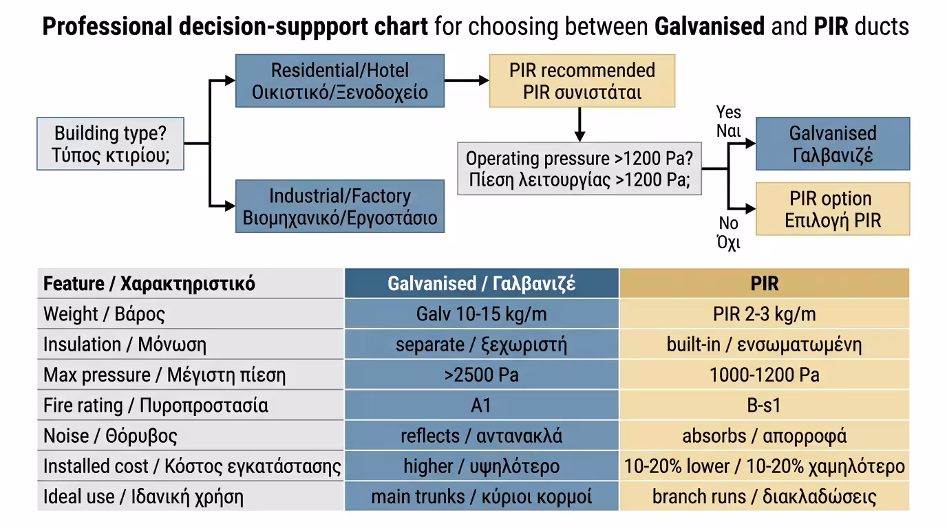 Σύγκριση γαλβανιζέ vs PIR κλιματισμός - πίνακας απόφασης