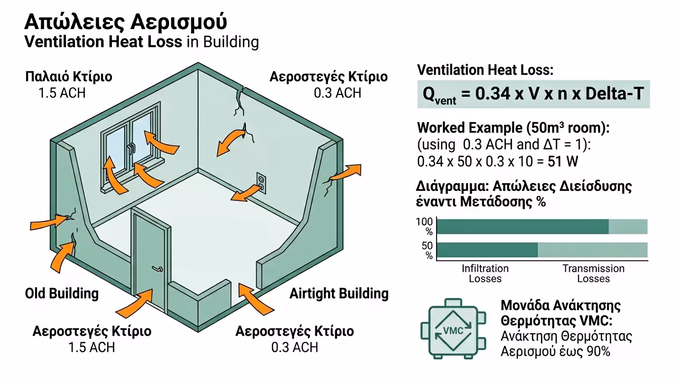 Απώλειες αερισμού - χαραμάδες, ανανέωση αέρα, VMC, όγκος δωματίου