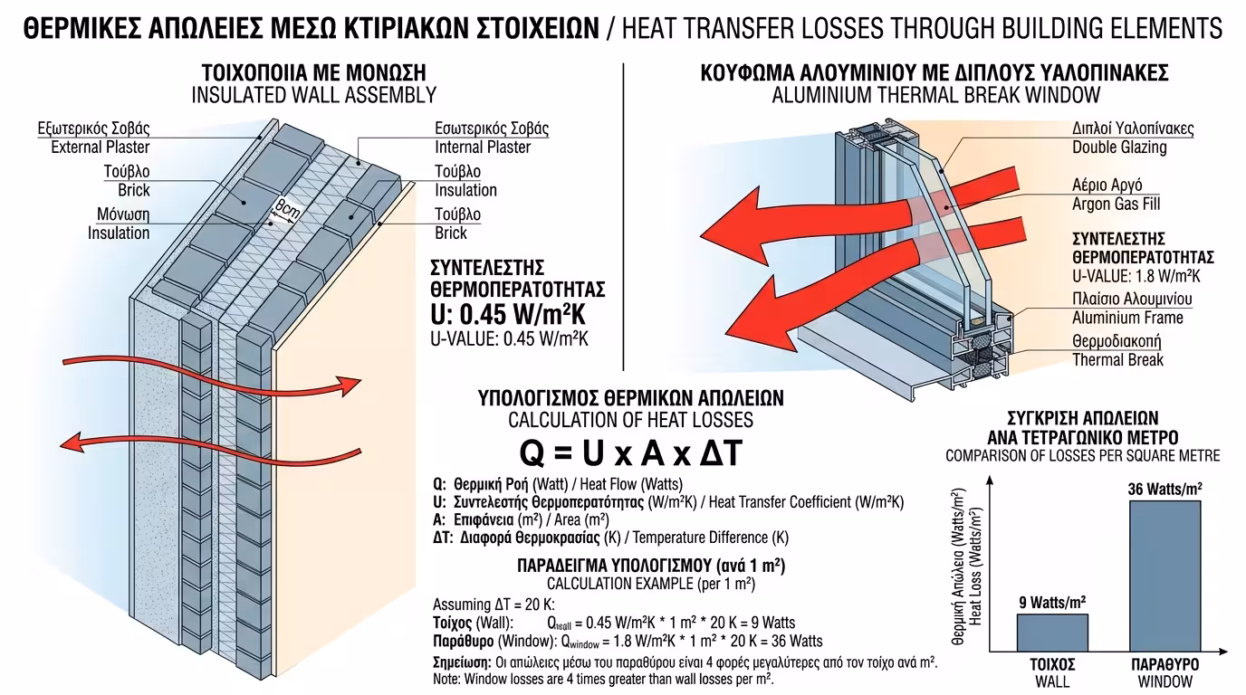 Υπολογισμός απωλειών μεταφοράς - τύπος U × A × ΔT για τοίχους, τζάμια, ταράτσα