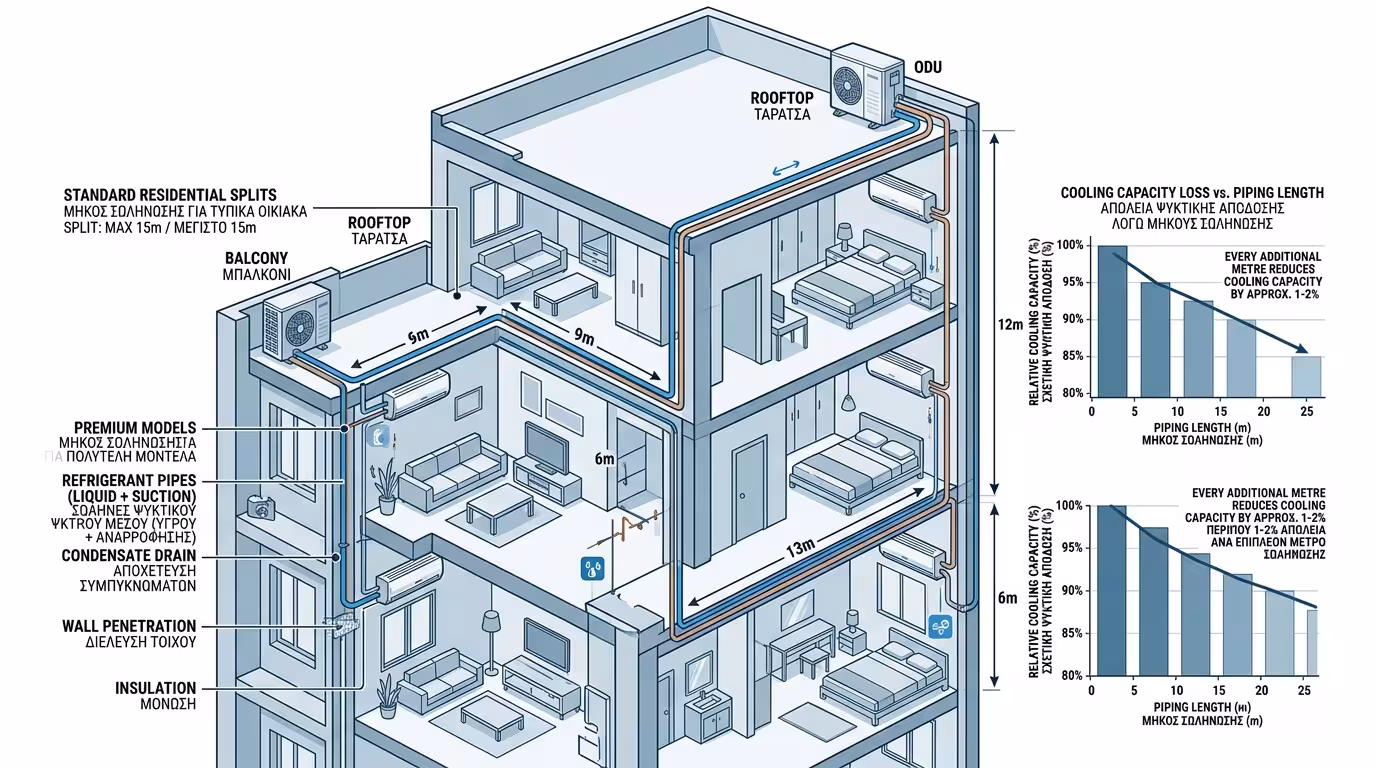 Απόσταση σωληνώσεων 2-15 μέτρα μεταξύ εσωτερικής και εξωτερικής μονάδας