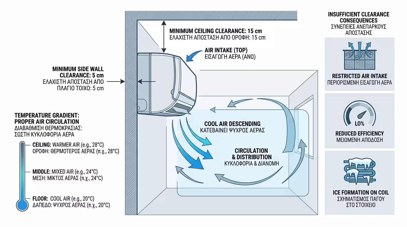Απόσταση κλιματιστικού από ταβάνι και τοίχους - 15-20 cm ελάχιστο κενό