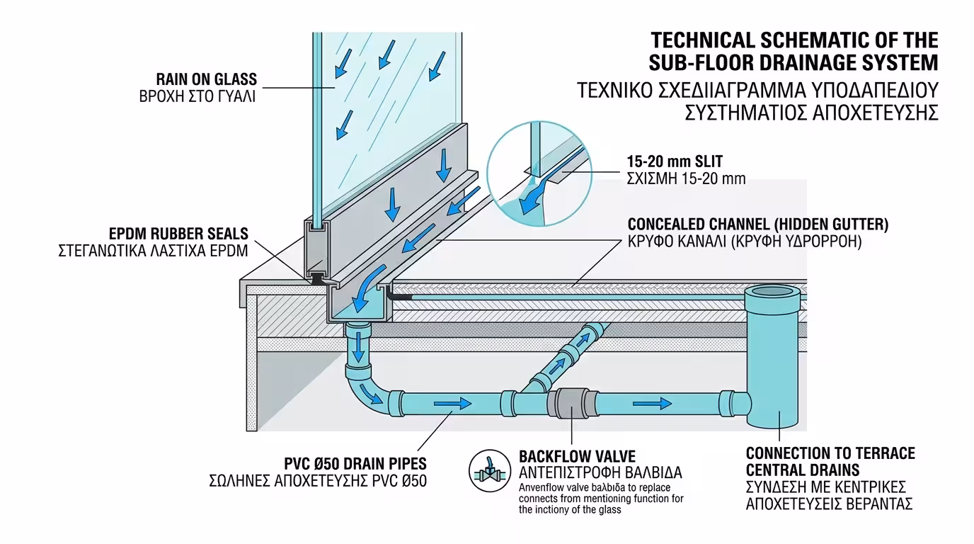 Σύστημα αποστράγγισης - κρυφό κανάλι, σύνδεση PVC, βαλβίδες αντεπιστροφής