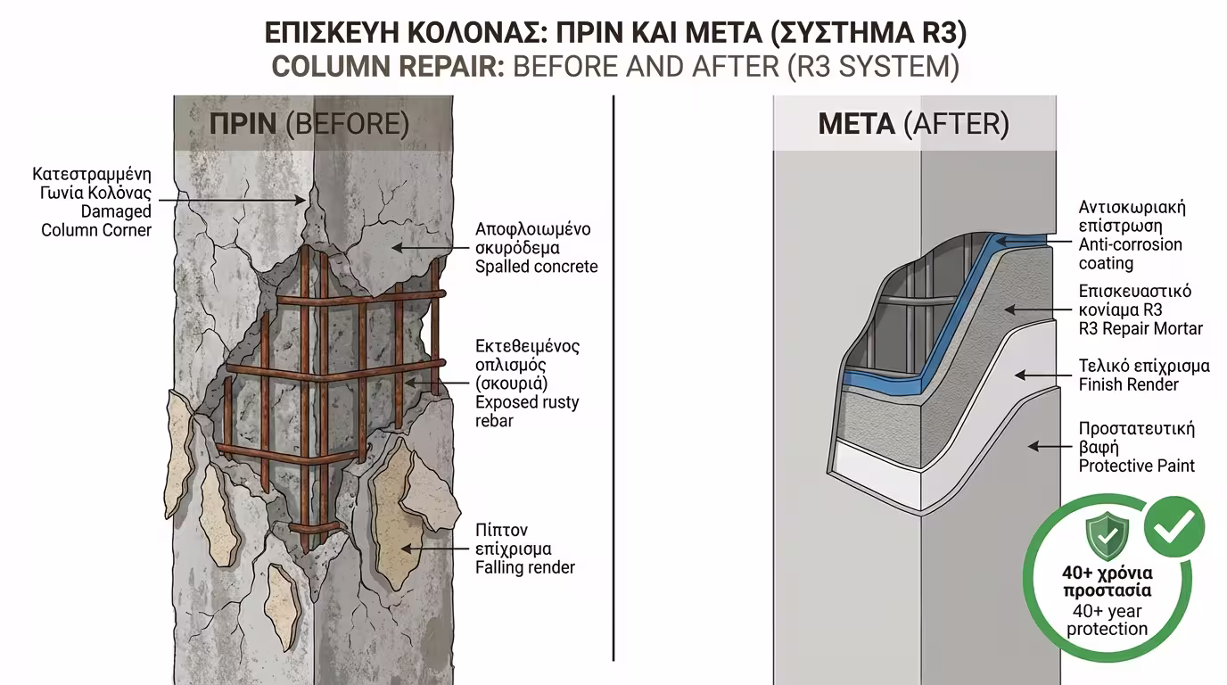 Πριν/μετά: φθαρμένη κολώνα → επισκευασμένη με R3, λεία, βαμμένη