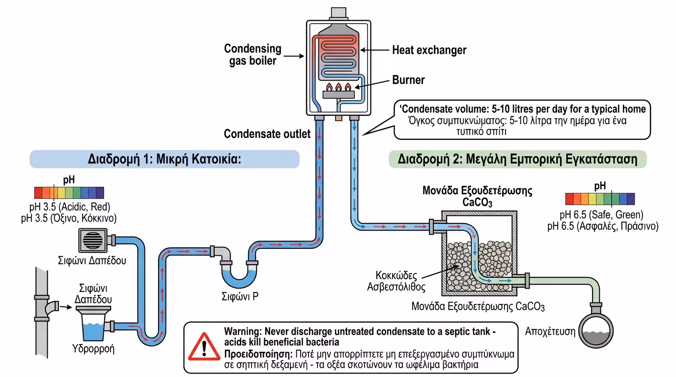 Αποχέτευση συμπυκνωμάτων – λέβητας αερίου, ουδετεροποιητής, σιφώνι
