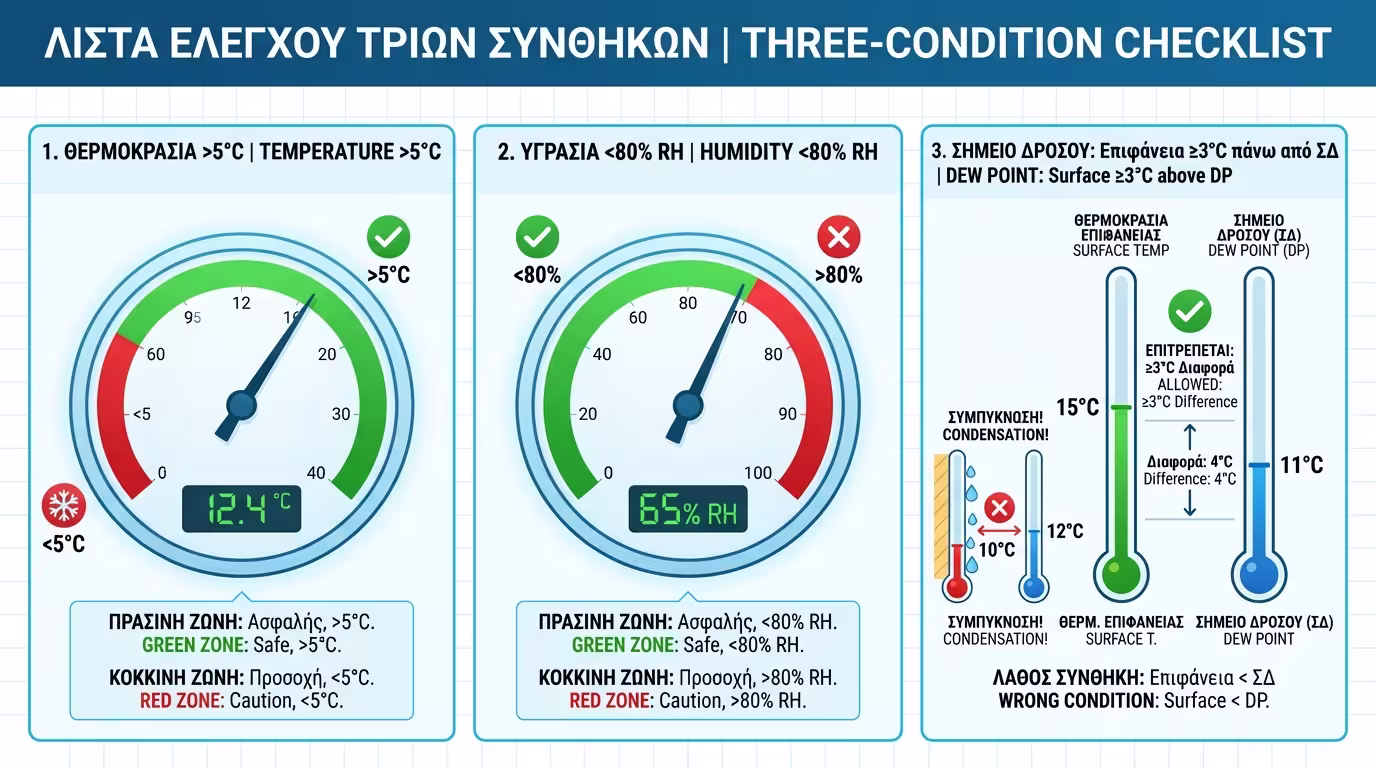 Ινφογκράφικ: Θερμοκρασία >5°C, Υγρασία <80%, Σημείο δρόσου +3°C πάνω από επιφάνεια.