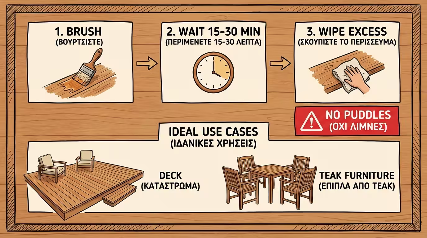 Ινφογκράφικ εφαρμογής: decking oil σε δάπεδο, teak oil σε έπιπλα κήπου, σωστό σκούπισμα περίσσευματος (ελληνικά και αγγλικά)