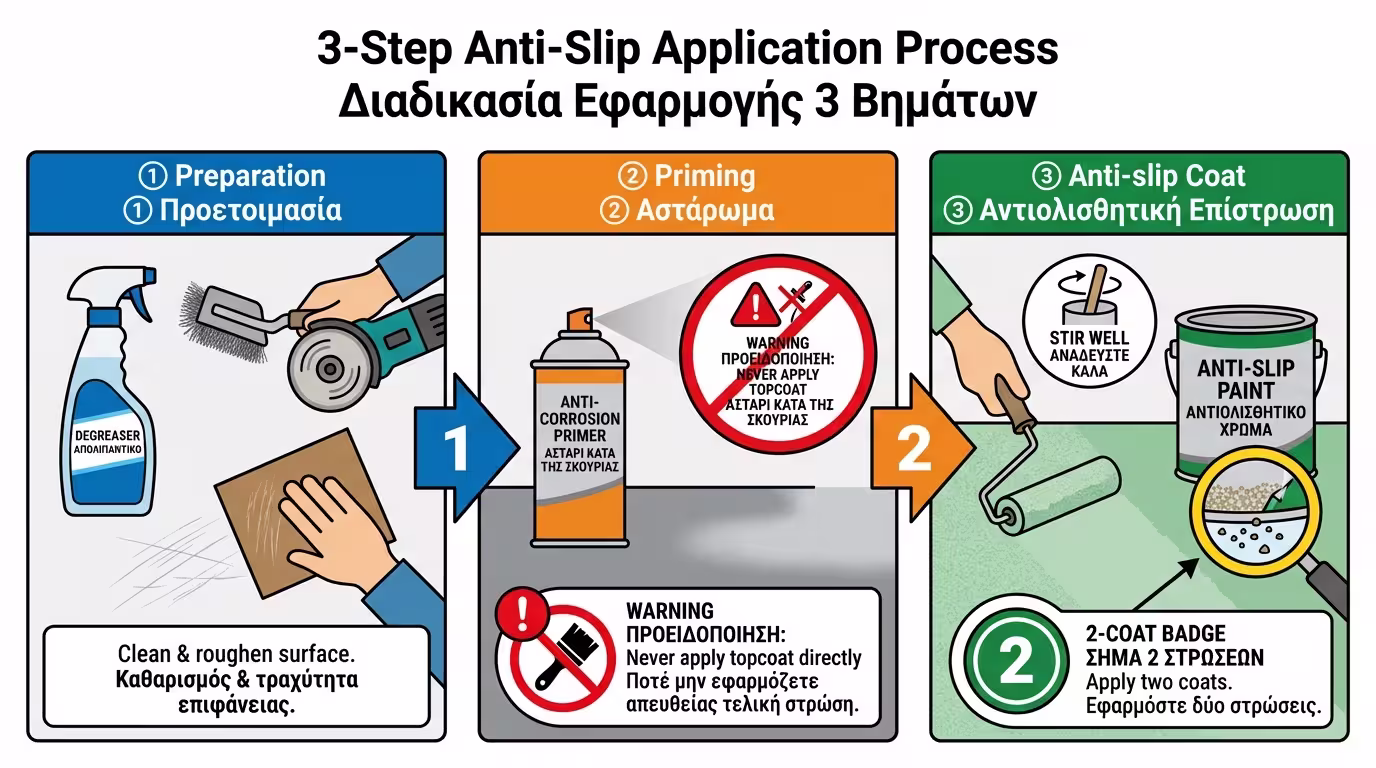 Ινφογκράφικ: 3 βήματα - Προετοιμασία (καθαρισμός/σκουριά/αγρίεμα), Αστάρωμα, Αντιολισθητική βαφή.
