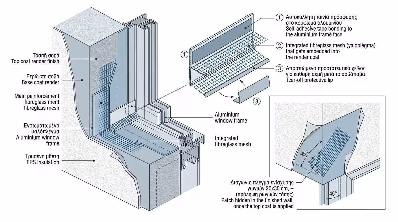 Πλαστικό προφίλ APU μεταξύ κάσας αλουμινίου και σοβά θερμοπρόσοψης ETICS - τέλειο φινίρισμα