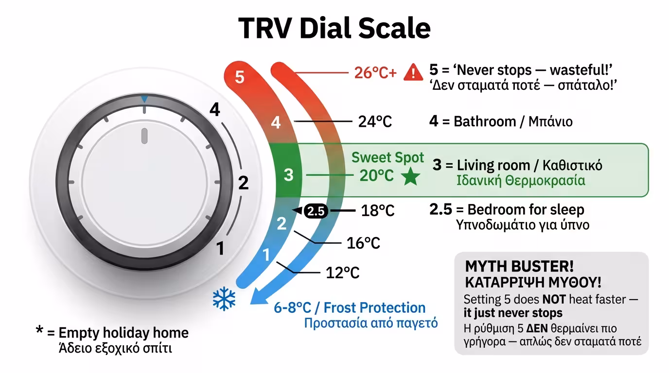 Κλίμακα θερμοστατικής κεφαλής 1-5 με αντίστοιχες θερμοκρασίες - θέση 3 = 20°C