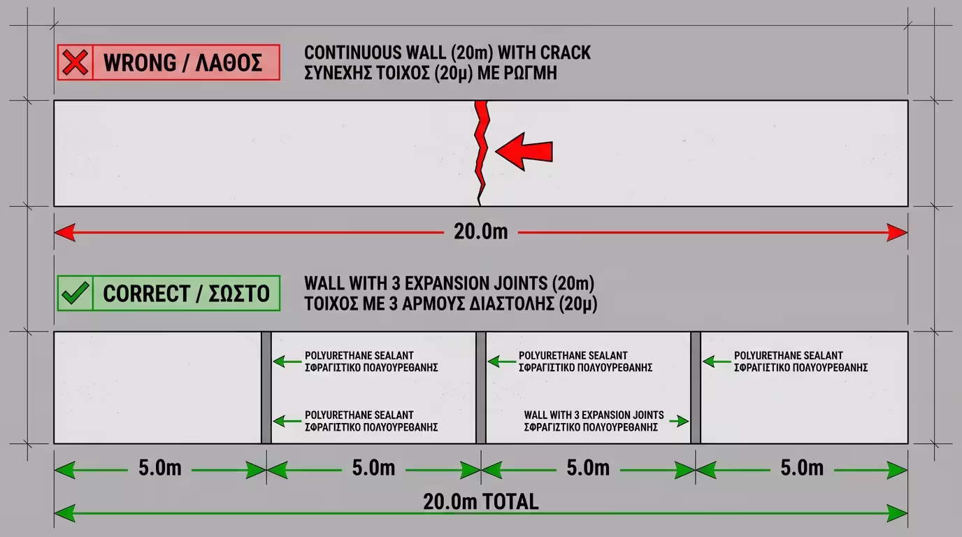 Μάντρα 20μ χωρίς αρμούς διαστολής σπάει vs με αρμούς σφραγισμένους με πολυουρεθάνη