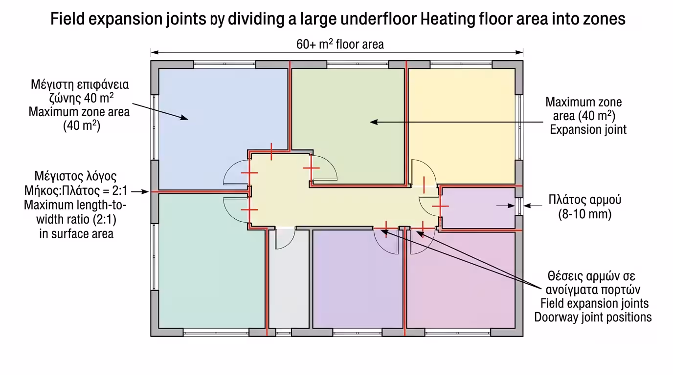 Αρμοί πεδίων ενδοδαπέδιας θέρμανσης - διαχωρισμός μεγάλων επιφανειών σε ανεξάρτητα πεδία 40 τ.μ.