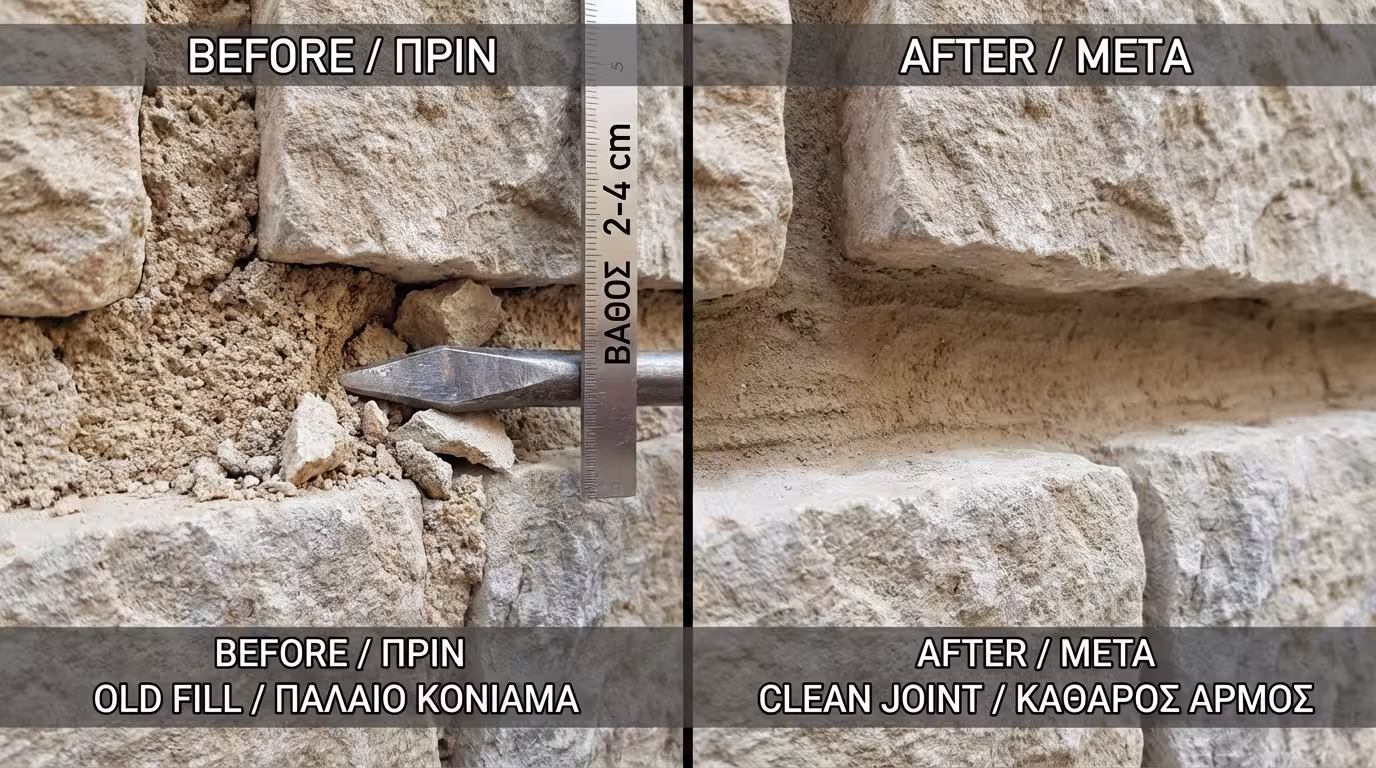 Μυτερό καλέμι σκάβει αρμούς 2-4cm βαθιά - γυμνή πέτρα