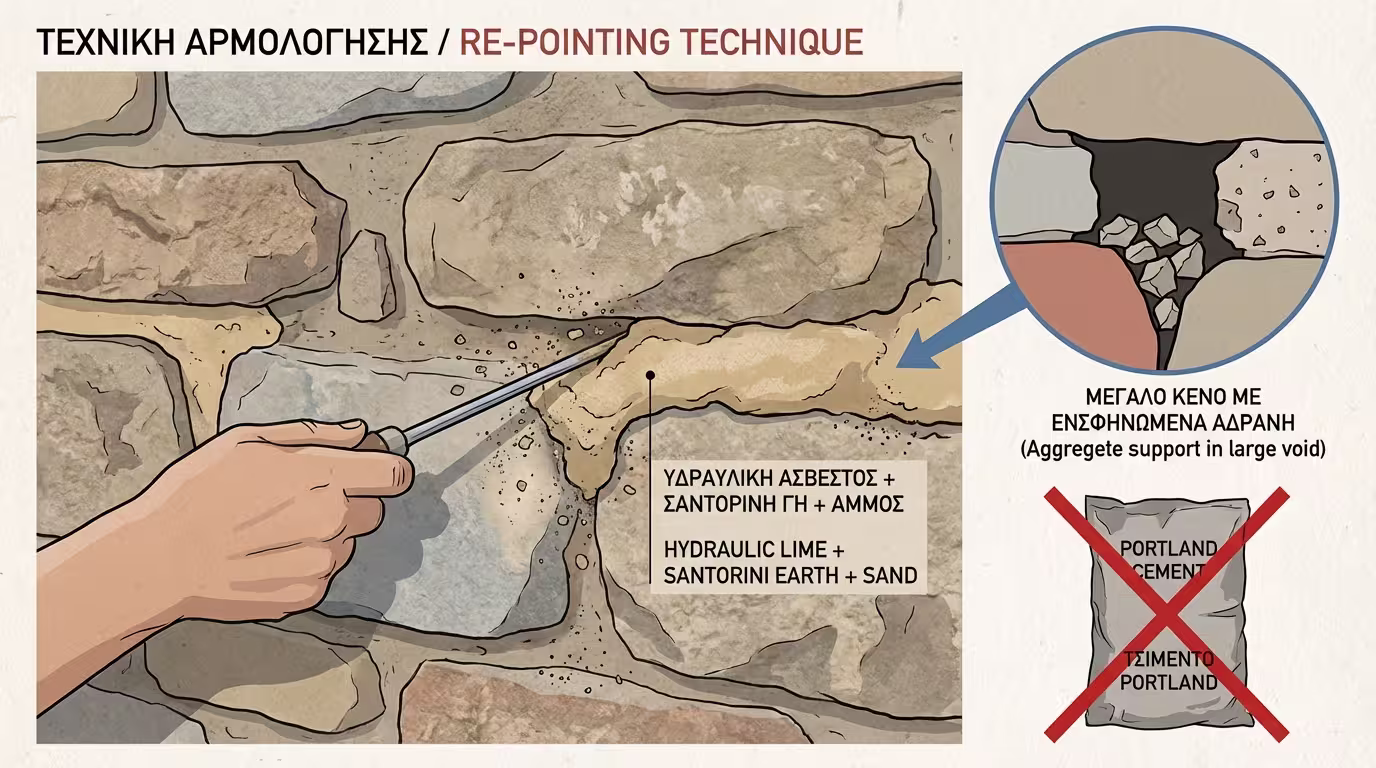 Στενό μυστρί σπρώχνει ασβεστοποζολανικό κονίαμα βαθιά στους αρμούς