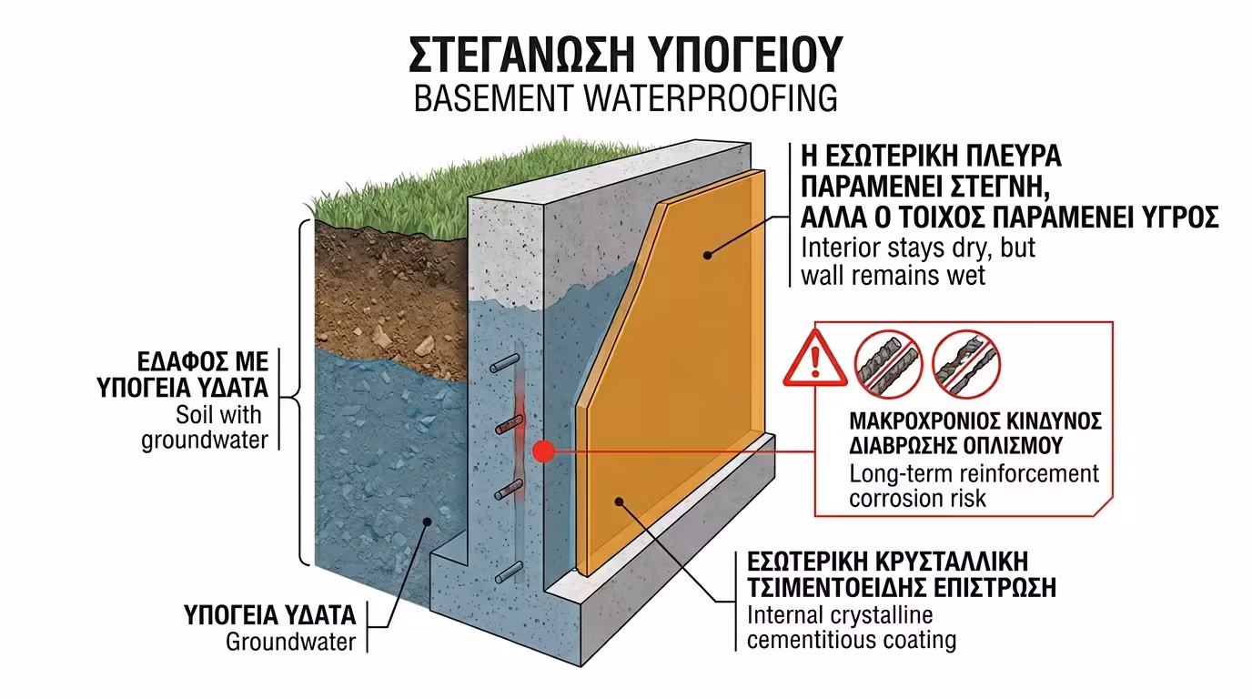 Αρνητική στεγάνωση - εσωτερική εφαρμογή κρυσταλλικών τσιμεντοειδών