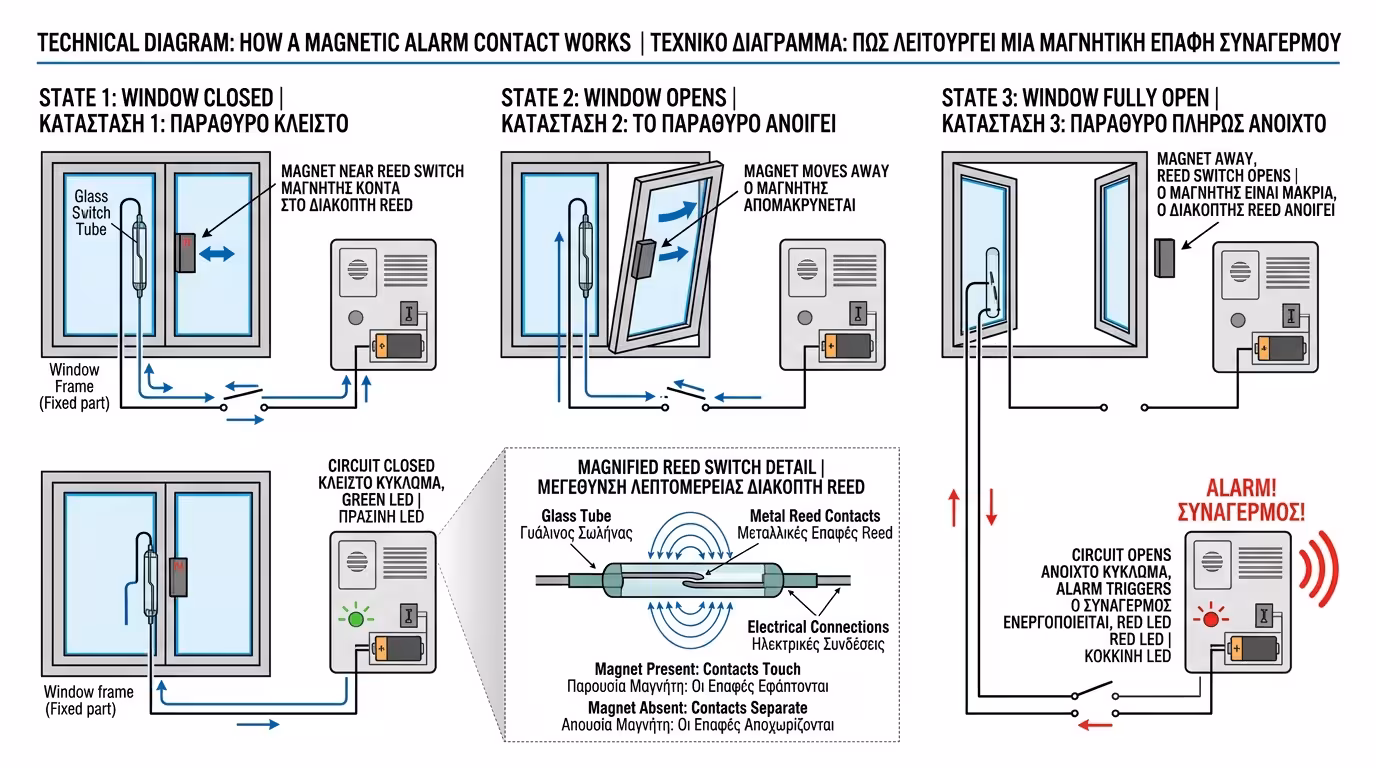 Αρχή λειτουργίας μαγνητικής επαφής - μαγνήτης, αισθητήρας, ηλεκτρικό κύκλωμα