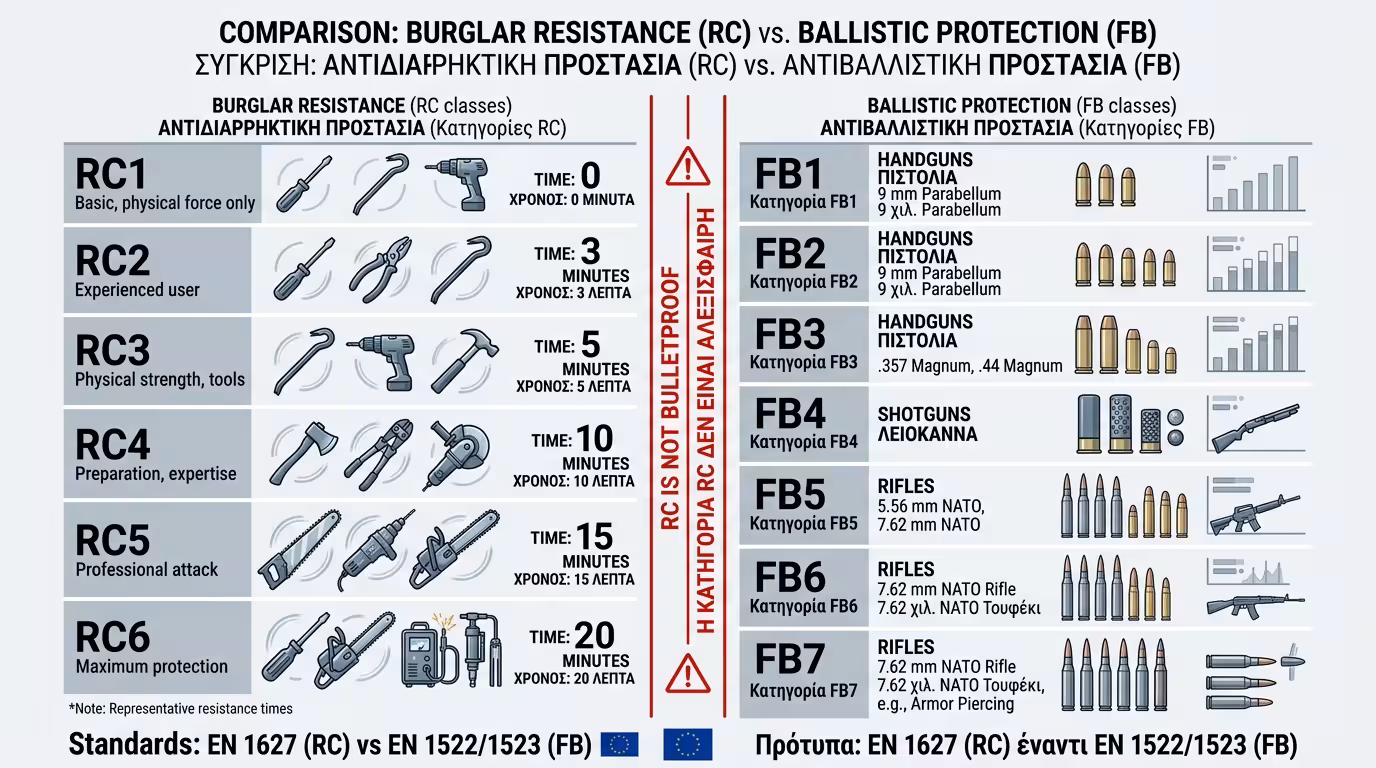RC κλάσεις αντιδιαρρηκτικής αντοχής vs EN 1522/1523 αντιβαλλιστική πιστοποίηση