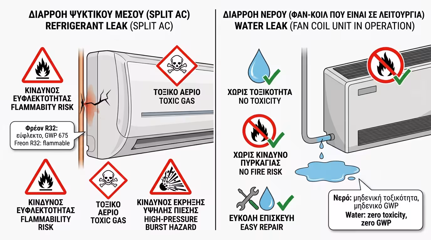 Ασφάλεια Fan Coil - μόνο νερό στο εσωτερικό, χωρίς φρέον, χωρίς κίνδυνο τοξικών διαρροών