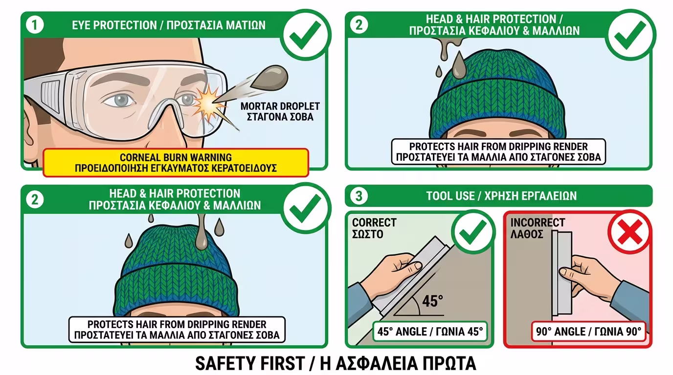 Προστατευτικά γυαλιά εργασίας, καπέλο, σωστή γωνία πήχη