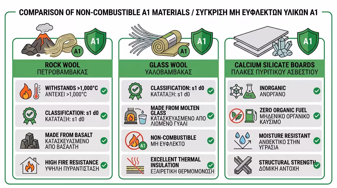 Πλήρως άκαυστα: πετροβάμβακας A1, υαλοβάμβακας A1, πλάκες πυριτικού ασβεστίου