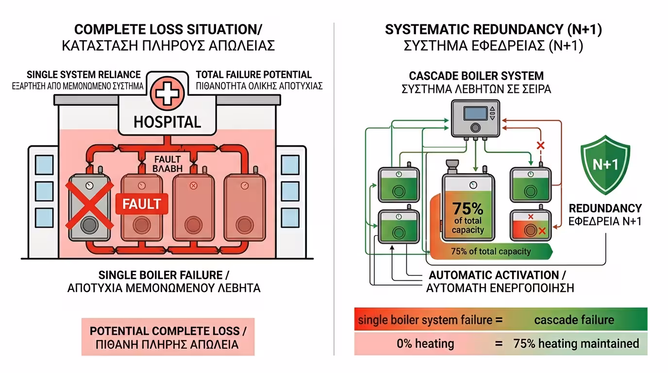 Ασφάλεια πλεονασμού - εφεδρικός λέβητας, βλάβη, νοσοκομείο