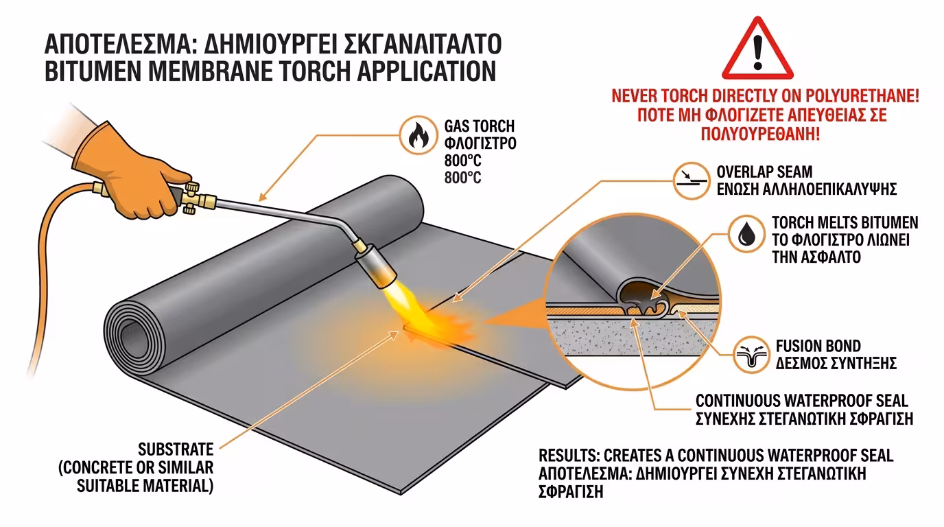 Ασφαλτόπανο - εφαρμογή με φλόγιστρο, ενιαία μεμβράνη