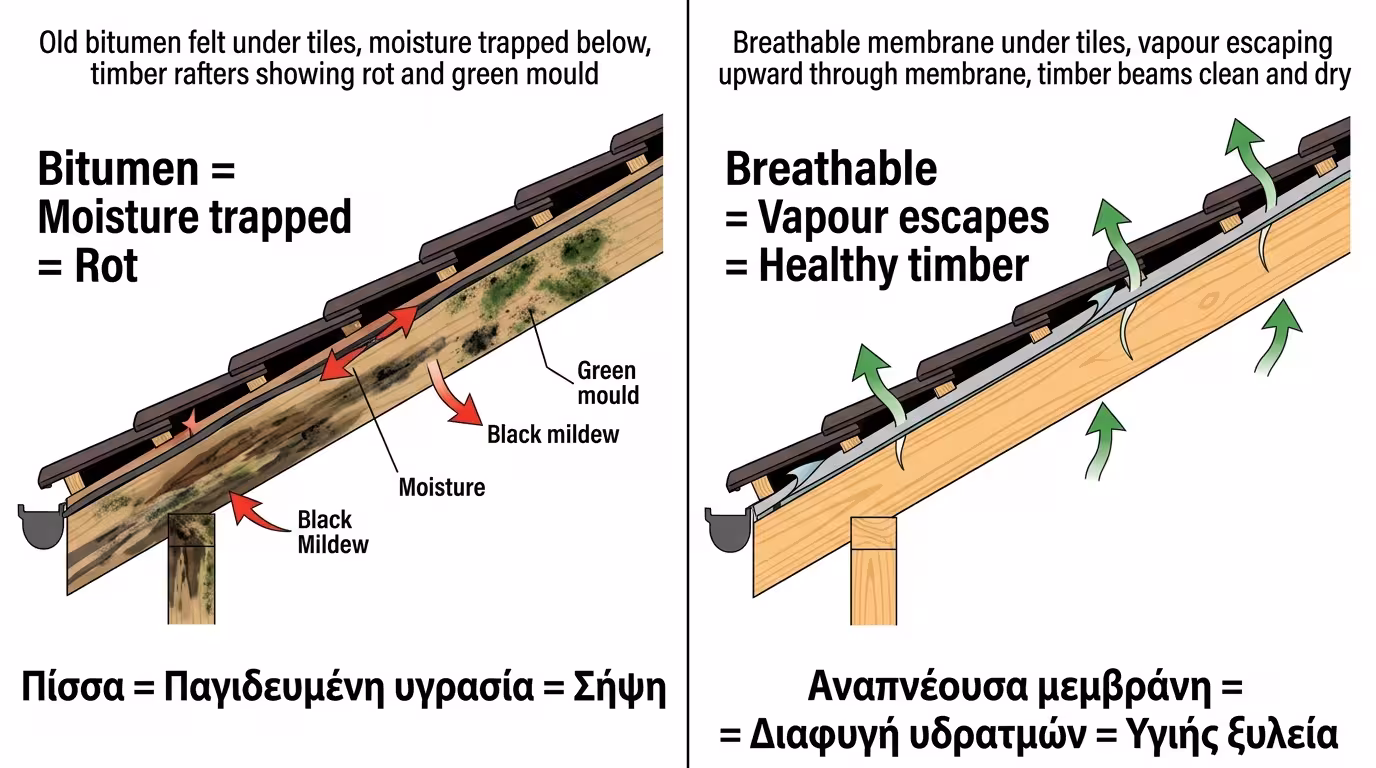 Ασφαλτόπανο - εγκλωβισμός υγρασίας στα ξύλα στέγης