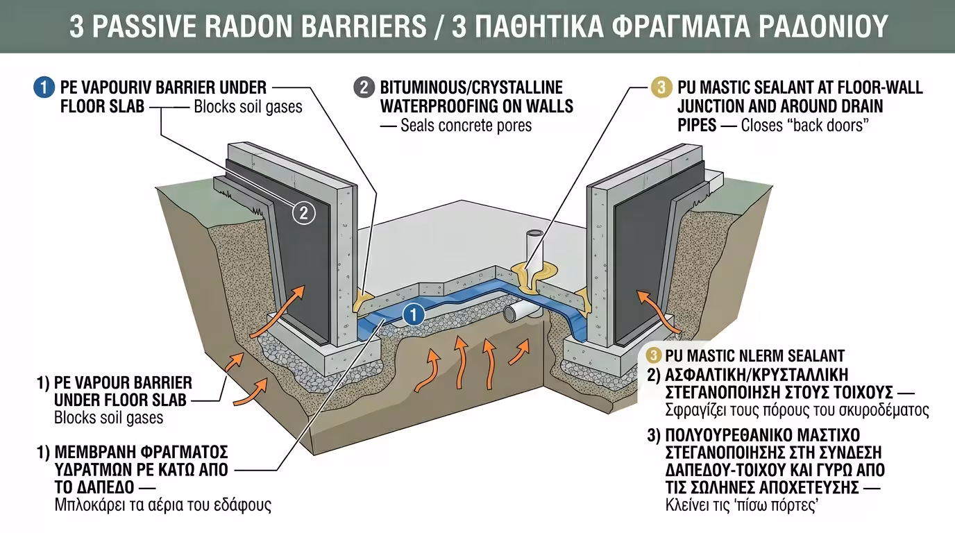 3 στρώσεις: φράγμα υδρατμών + στεγανοποίηση + σφράγισμα αρμών