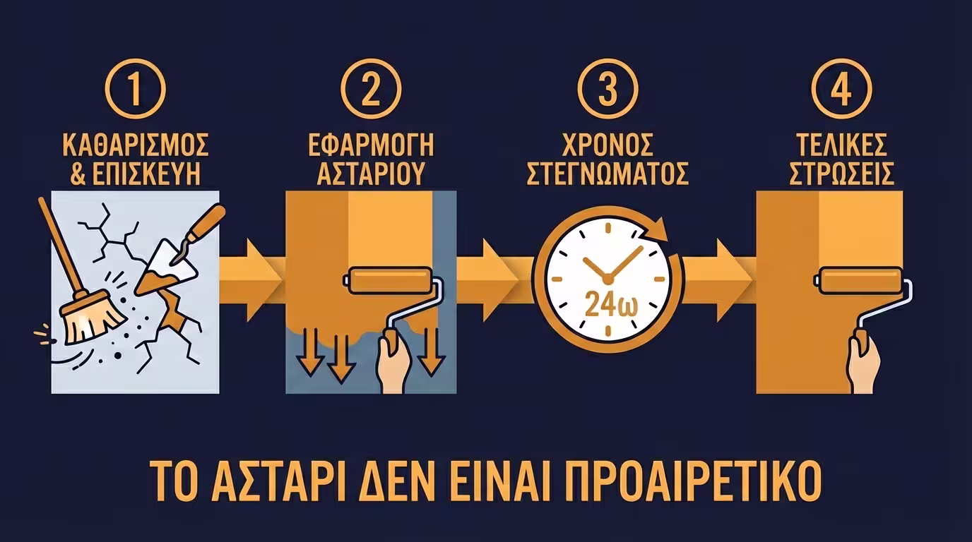 Τέσσερα βήματα εφαρμογής: καθαρισμός, ανάδευση, εφαρμογή, χρόνος στεγνώματος