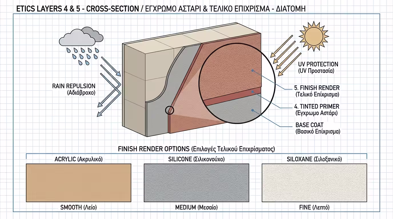 Εφαρμογή έγχρωμου ασταριού και τελικού σοβά θερμοπρόσοψης