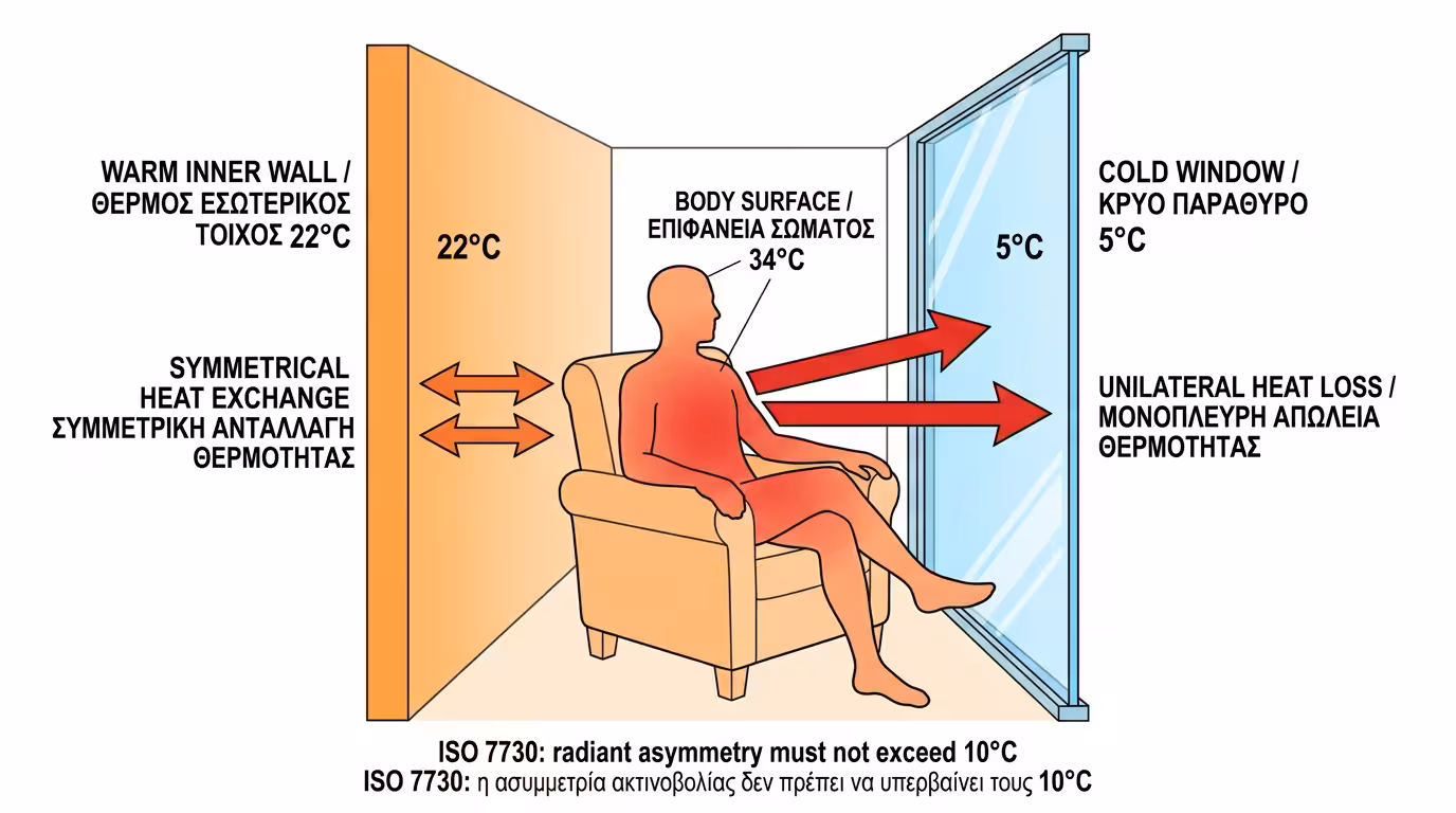 Ανθρώπινο σώμα ακτινοβολεί θερμότητα προς κρύο τζάμι - ασύμμετρη ακτινοβολία