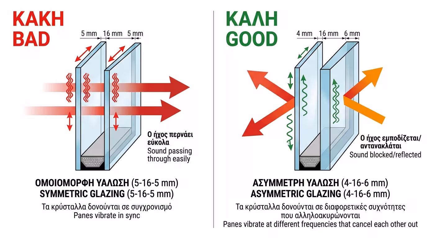 Ασύμμετρα πάχη τζαμιών σε διπλό υαλοστάσιο - σύνθεση 4-16-6 vs 5-16-5