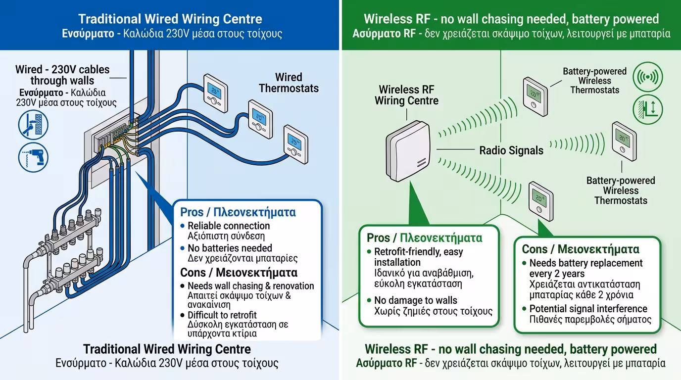 Ασύρματο RF Κέντρο Καλωδίωσης - θερμοστάτης μπαταρίας, χωρίς μερεμέτια