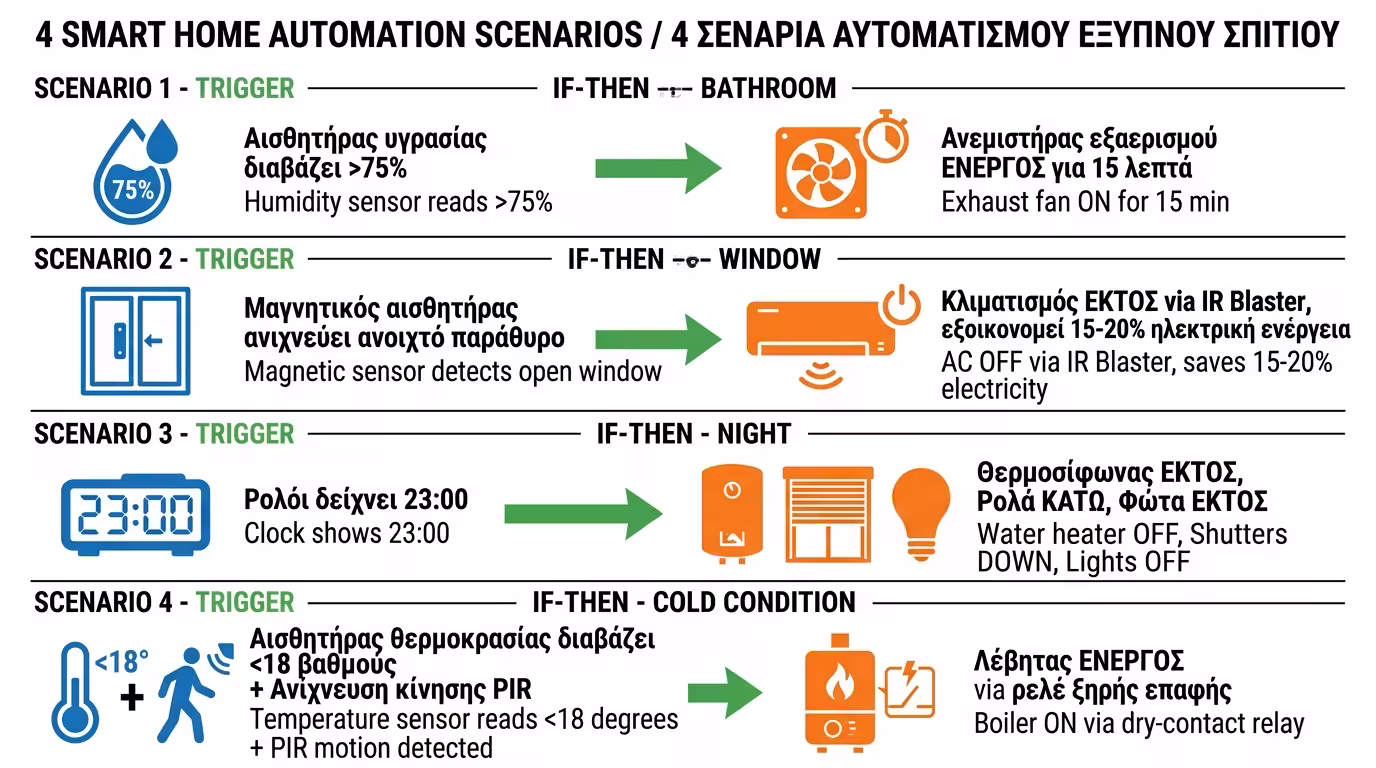 Αυτοματισμός - αισθητήρας, παράθυρο, αφυγραντήρας, ρουτίνα