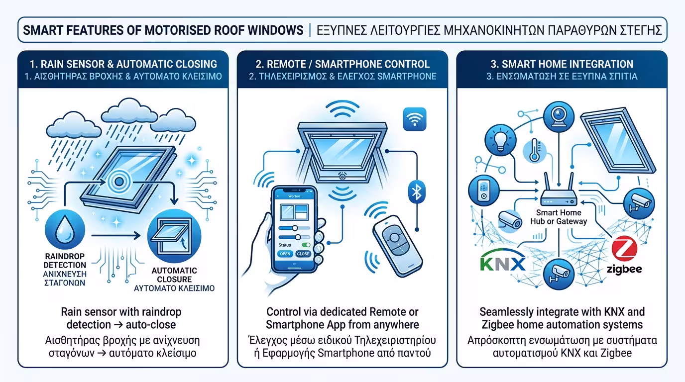 Ηλεκτροκίνητος φεγγίτης οροφής - τηλεχειριστήριο, αισθητήρας βροχής, smartphone