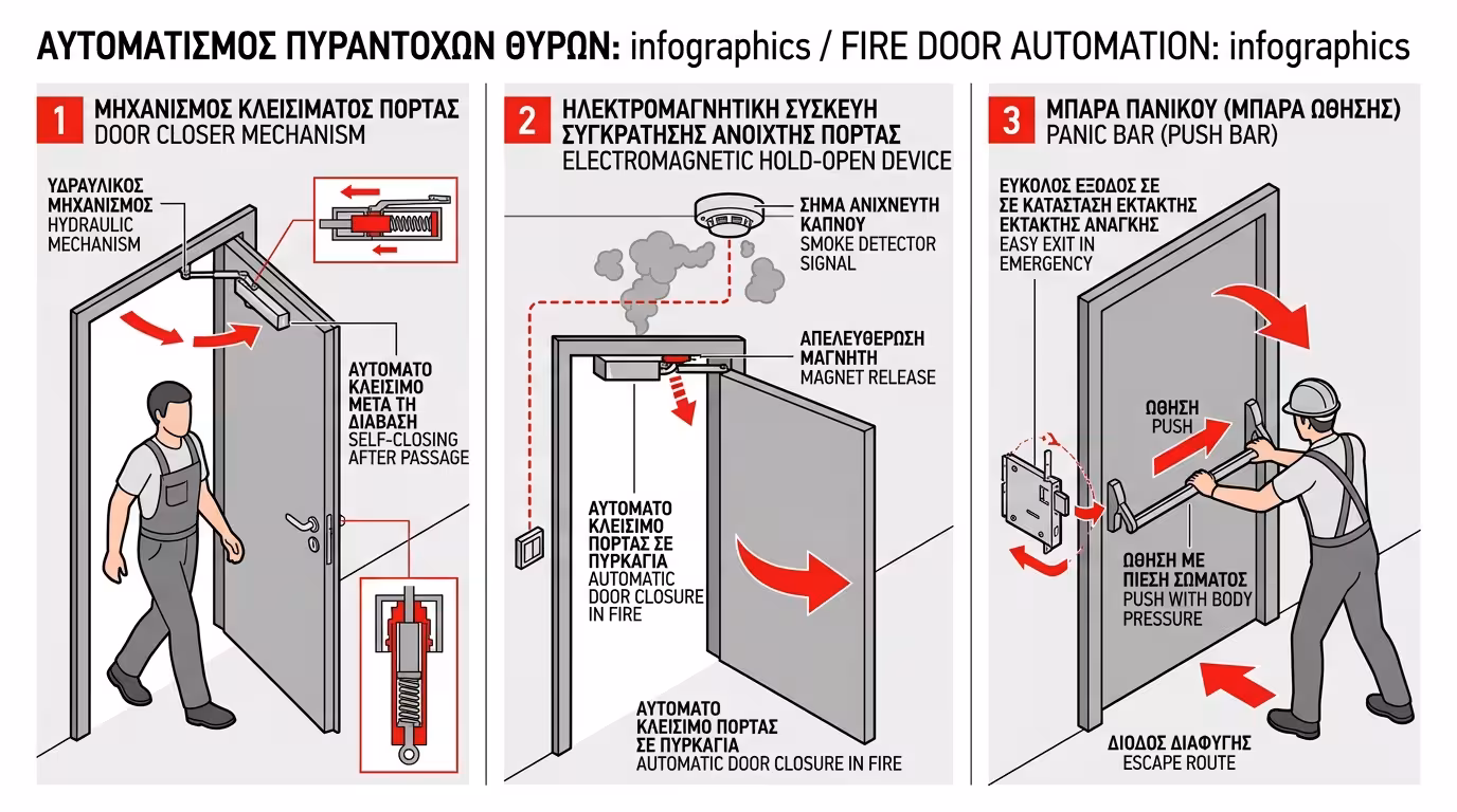 Αυτοματισμοί πυράντοχων πορτών - door closer, ηλεκτρομαγνήτες, panic bars