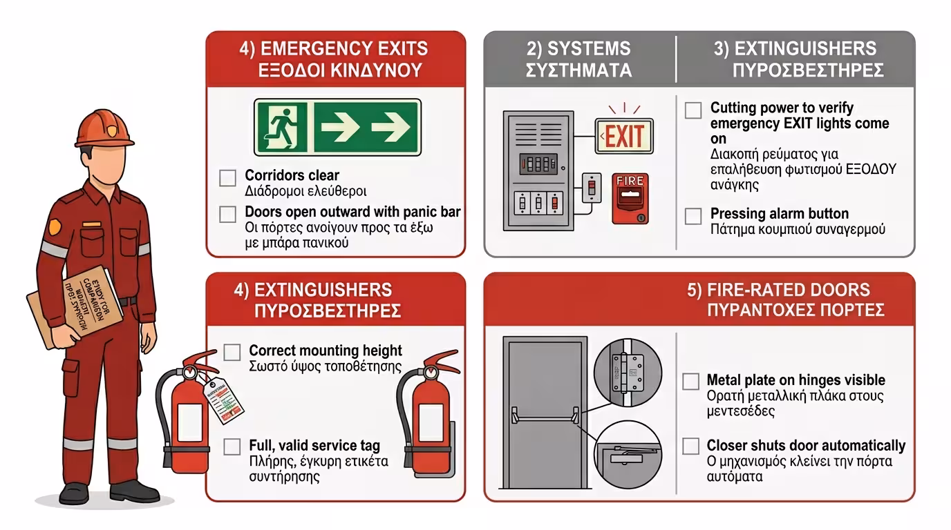 Αυτοψία Πυροσβεστικής: πόρτες, πυροσβεστήρες, συναγερμός, EXIT